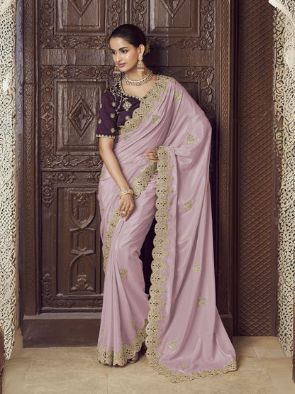Rajwada Lavender Crepe Embroidered Elegant Saree For Women