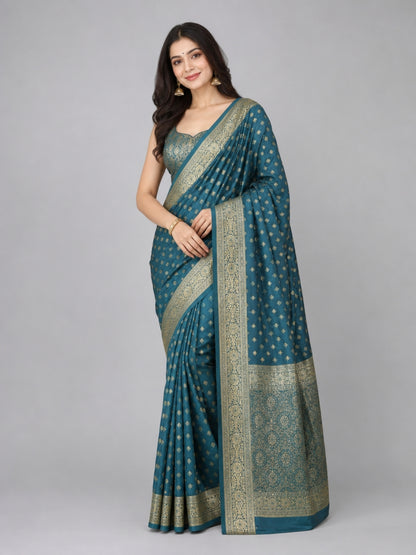 Teal Blue Silk Blend Solid Saree