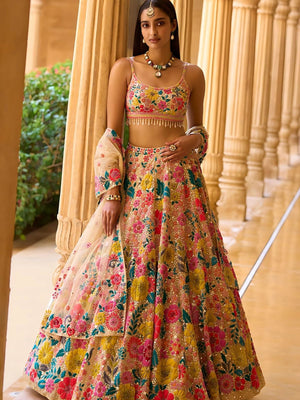 Rajwada Multicolor Silk Blend Embellished Semi-Stitched lehenga For Women