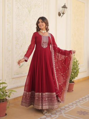Rajwada Maroon Georgette  Embroidered Stitched Gown With Dupatta For Women