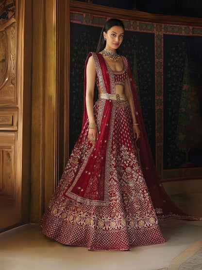 Rajwada Maroon Silk Blend Embroidered Semi-Stitched Lehenga For Women