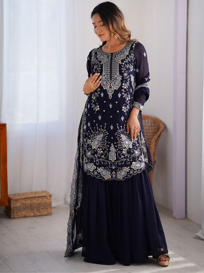 Rajwada Navy Blue Georgette Embroidered Stitched Kurta Set For Women