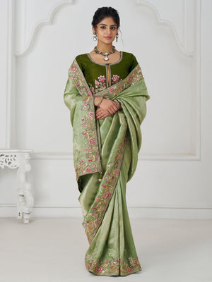 Rajwada Light Green Viscose Silk Embroidered Saree For Women