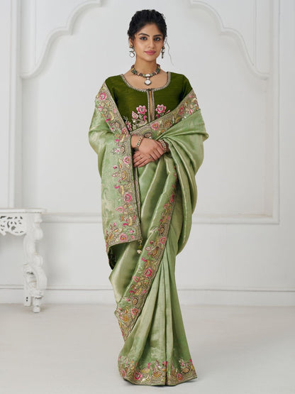Rajwada Light Green Viscose Silk Embroidered Saree For Women
