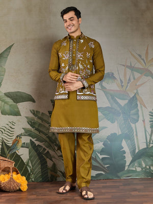 Rajwada Olive Viscose Silk Embroidered Stitched Kurta Set For Men