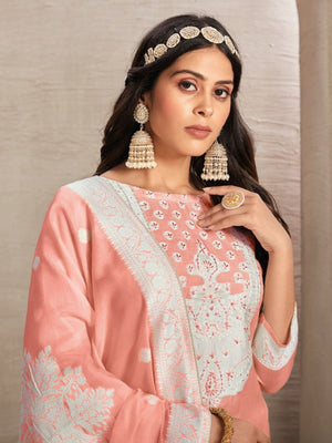 Rajwada Peach Organza Embroidered Semi-Stitched Kurta Set For Women
