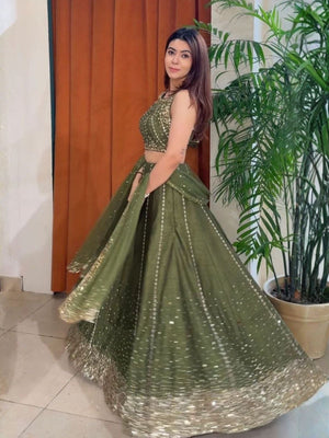 Rajwada Olive Green Silk Blend Embellished Semi Stitched Lehenga For Women
