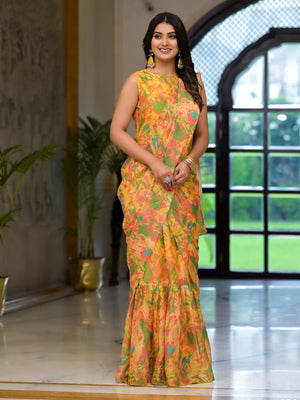 Rajwada Yellow Georgette Printed Ready To Wear Saree For Women