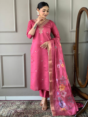 Rajwada Pink Viscose chanderi Embroidered Stitched Kurta Set For Women