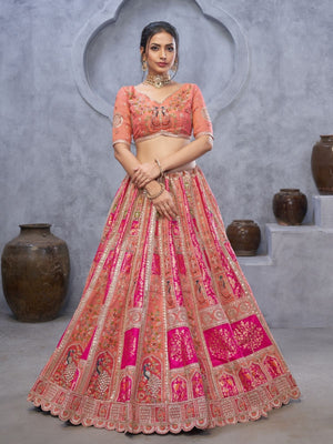 Rajwada Peach Organza Embellished Semi-Stitched Lehenga With Unstitched Blouse For Women