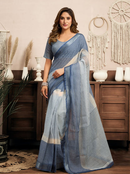 Rajwada Pastel Blue Cotton Linen Zari Work Saree For Women