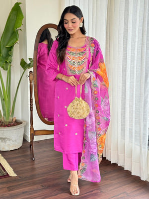 Rajwada Pink Viscose Embroidered Stitched Kurta Set For Women