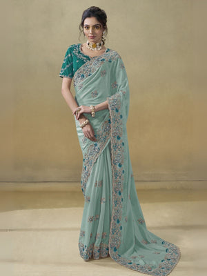 Rajwada Sea Green Georgette Embroidered Elegant Saree For Women