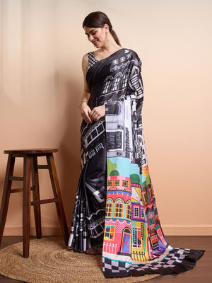 Rajwada Black Georgette Printed Saree For Women