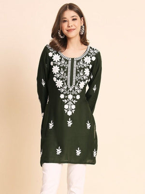 Rajwada Olive Green Rayon Embroidered Kurti For Women