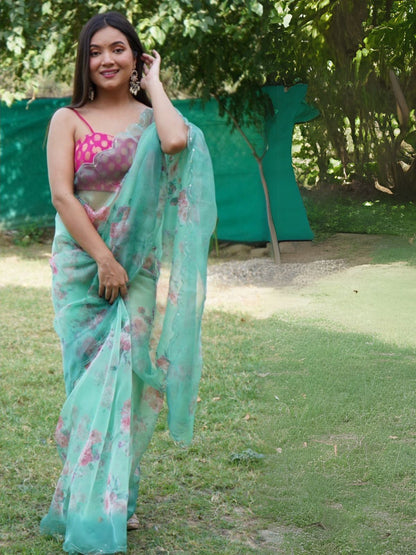 Rajwada Light Green Organza Printed Saree With Unstitched Blouse For Women