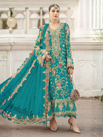 Rajwada Sky Blue Chiffon Embellished Semi-Stitched Kurta Set For Women
