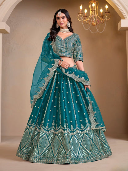 Rajwada Teal Art Silk Embroidered Semi-Stitched lehenga For Women