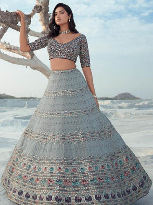Rajwada Grey Georgette Embellished Semi-Stitched lehenga For Women