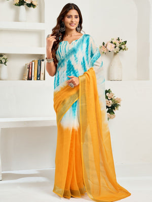 Rajwada Sky Blue And Orange Cotton Linen Zari Work Saree For Women