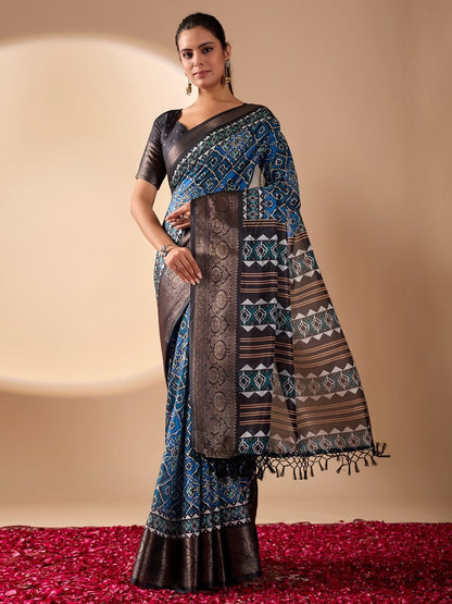 Rajwada Black And Black Silk Blend Printed Saree For Women