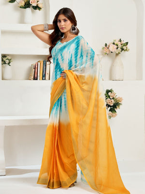 Rajwada Sky Blue And Orange Cotton Linen Zari Work Saree For Women