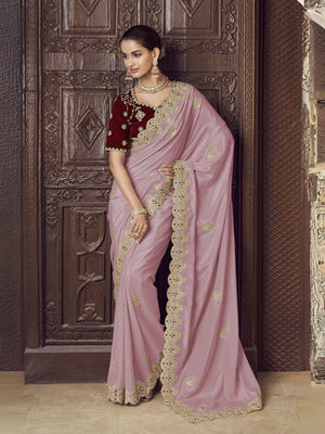 Rajwada Light Pink Crepe Embroidered Elegant Saree For Women
