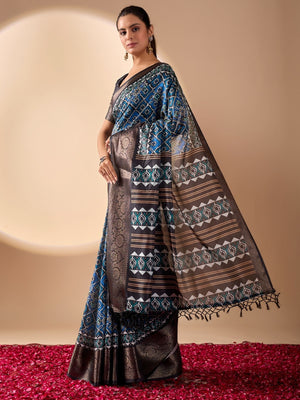 Rajwada Black And Black Silk Blend Printed Saree For Women