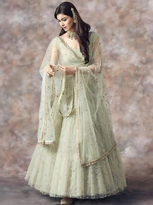 Rajwada Light Green Net Embroidered Semi-Stitched lehenga For Women