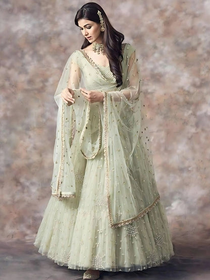 Rajwada Light Green Net Embroidered Semi-Stitched lehenga For Women