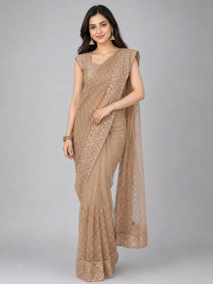Light Brown Net Embroidered Saree