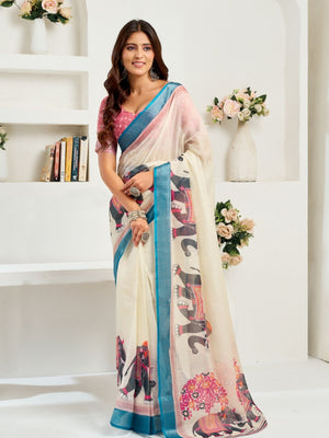 Rajwada Multicolour Cotton Linen Zari Work Saree For Women
