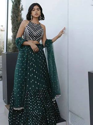 Rajwada Dark Green Georgette Embroidered Semi-Stitched lehenga For Women