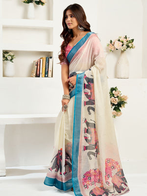 Rajwada Multicolour Cotton Linen Zari Work Saree For Women