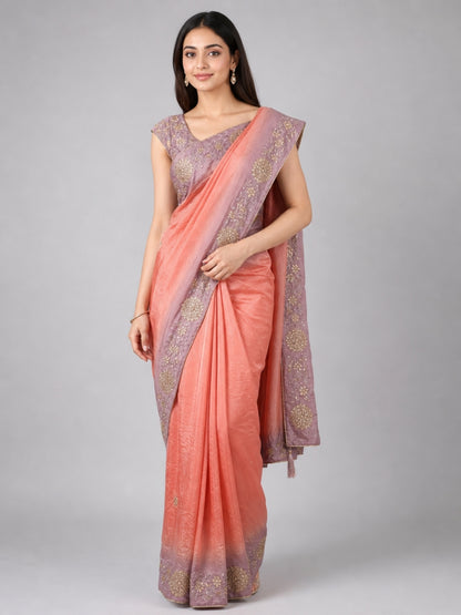 Peach Silk Blend Embellished Saree