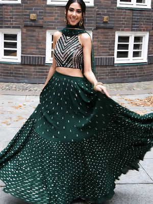 Rajwada Dark Green Georgette Embroidered Semi-Stitched lehenga For Women