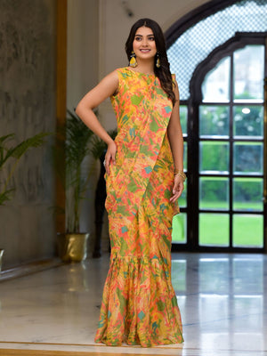 Rajwada Yellow Georgette Printed Ready To Wear Saree For Women