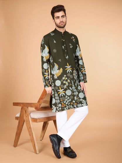 Rajwada Olive Viscose Rayon Stitched Kurta For Men
