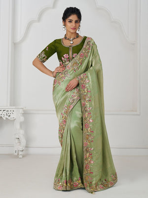 Rajwada Light Green Viscose Silk Embroidered Saree For Women