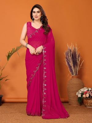 Rajwada Pink Georgette Embroidered Saree For Women