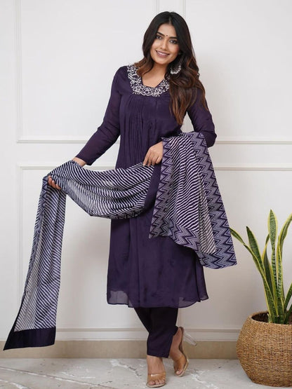 Rajwada Navy Blue Viscose Embroidered Stitched Kurta Set for Women