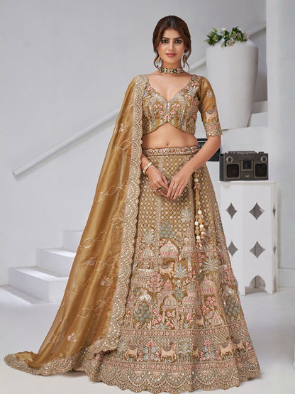 Rajwada Golden Beige Organza Tissue Embroidered Semi-Stitched Lehenga For Women