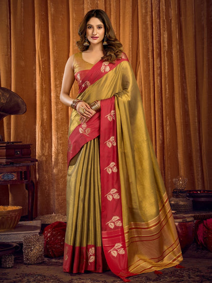 Rajwada Golden And Red Silk Blend Solid Saree For Women