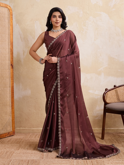 Rajwada Brown Silk Blend Embroidered Saree For Women