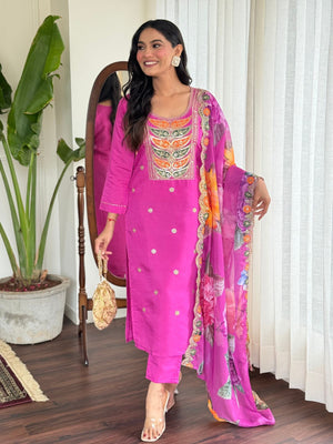 Rajwada Pink Viscose Embroidered Stitched Kurta Set For Women