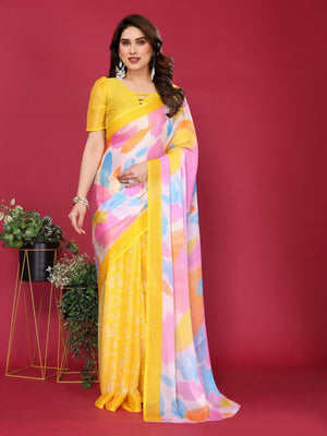 Rajwada Yellow Silk Blend Printed Saree For Women
