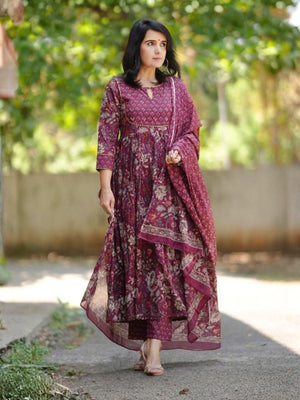 Rajwada Purple Rayon Printed Stitched Kurta Set For Women