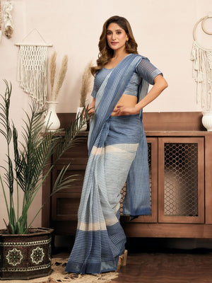 Rajwada Pastel Blue Cotton Linen Zari Work Saree For Women