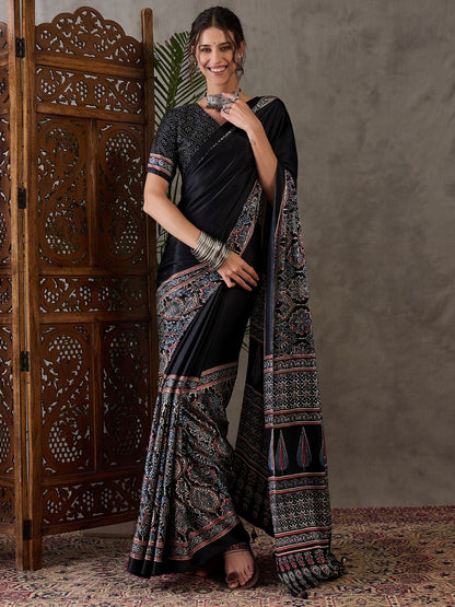 Rajwada Black Silk Blend Printed Elegant Saree For Women