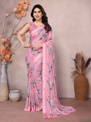 Rajwada Pink Satin Printed Saree With Unstitched Blouse For Women